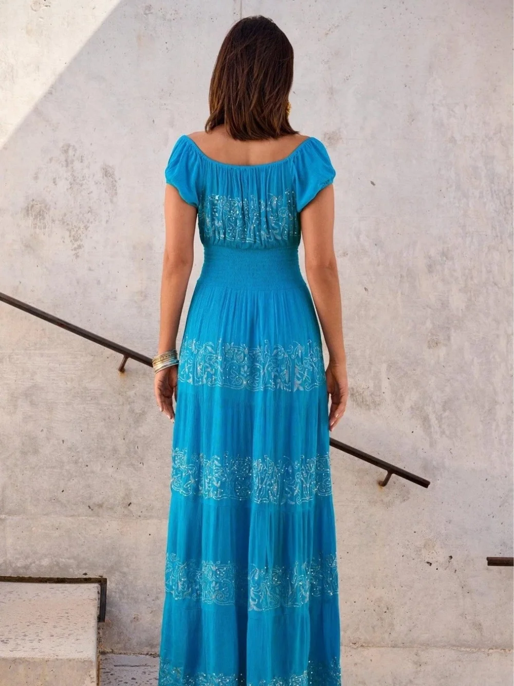 BOSTON PROPER METALLIC EMBROIDERED SEQUINS TIERED PEASANT MAXI DRESS LARGE - Picture 2 of 9
